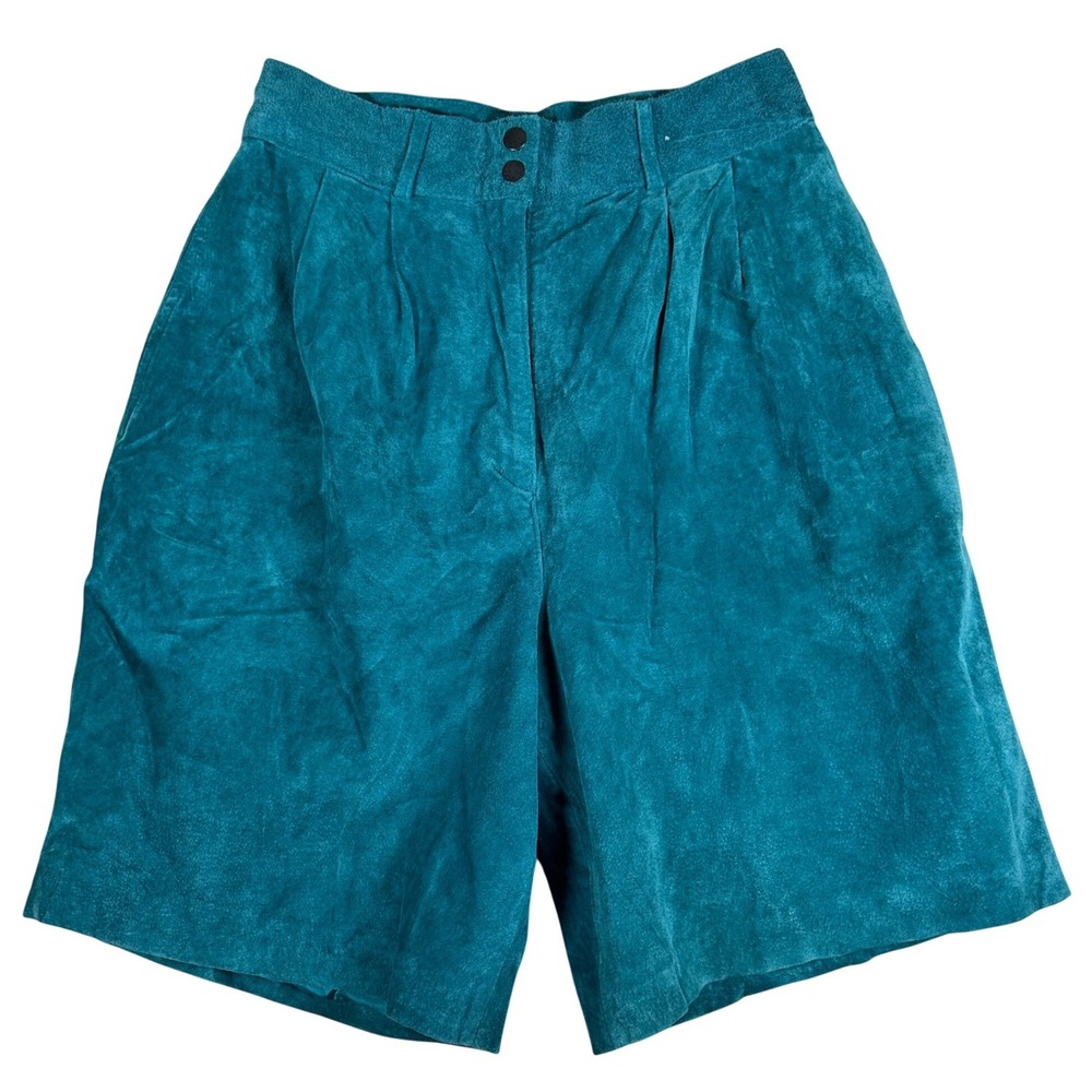 David Hollis Vintage Teal Suede‎ Leather High Waisted Pleated Shorts 14 80s 90s